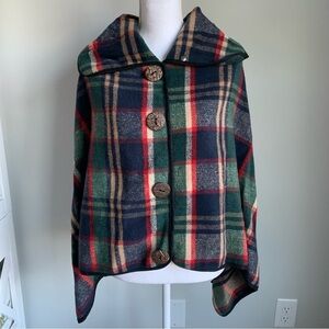 Tickled Pink Button Down Cape Plaid Poncho in Navy